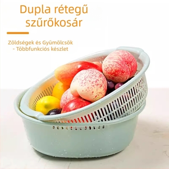 Kétoldalas műanyag mosóedény zöldségek mosására szűrőkosárral