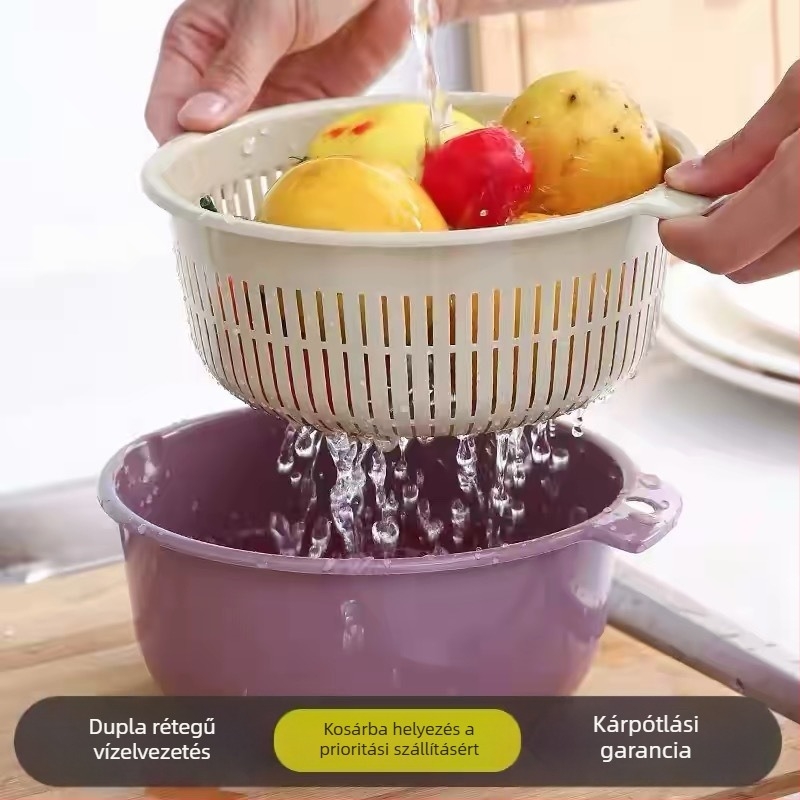 Kétoldalas műanyag mosóedény zöldségek mosására szűrőkosárral