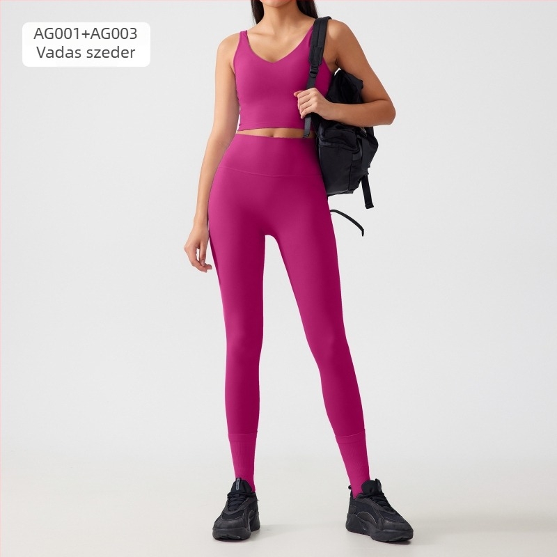Nud hatású női fitnesz szett push-up sportmelltartóval és magas derékú jóga nadrággal