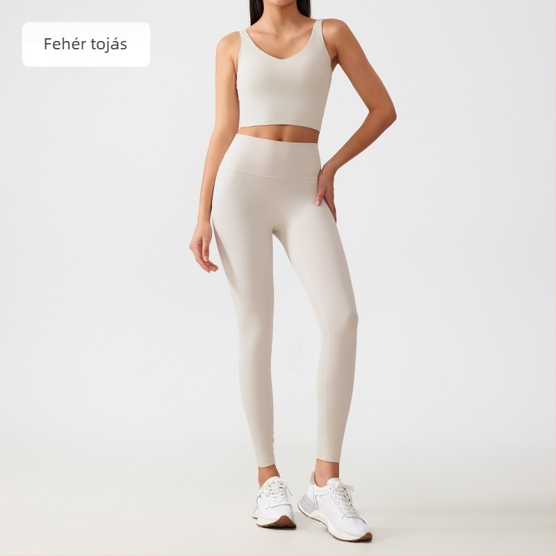 Nud hatású női fitnesz szett push-up sportmelltartóval és magas derékú jóga nadrággal