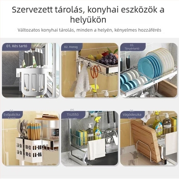 Konyhai mosogatóhoz nyújtható lefolyóállvány, falra szerelhető vagy a munkalapon elhelyezhető, többfunkciós, fúrás nélkül