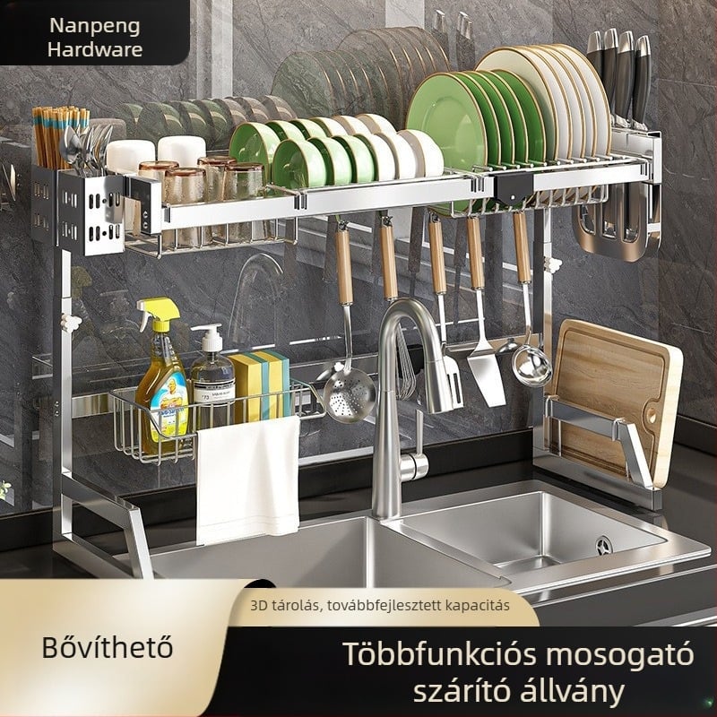 Konyhai mosogatóhoz nyújtható lefolyóállvány, falra szerelhető vagy a munkalapon elhelyezhető, többfunkciós, fúrás nélkül