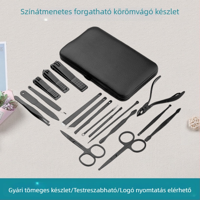 Fekete 18-darabos rozsdamentes acél körömvágó készlet – teljes manikűr eszközkészlet