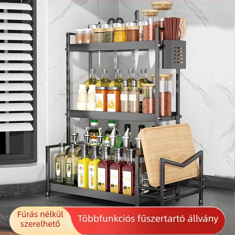 Pultra illeszthető fűszertartó polc kés-tartóval, fúrás nélkül, szénacéllal