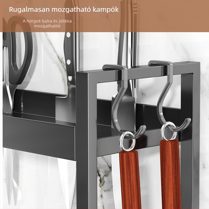 Pultra illeszthető fűszertartó polc kés-tartóval, fúrás nélkül, szénacéllal