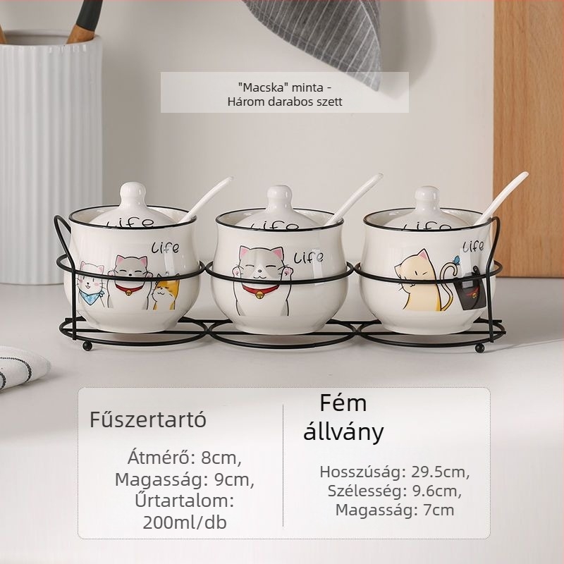 Kerámia fűszertartó készlet, három darabos, kanál tartóval