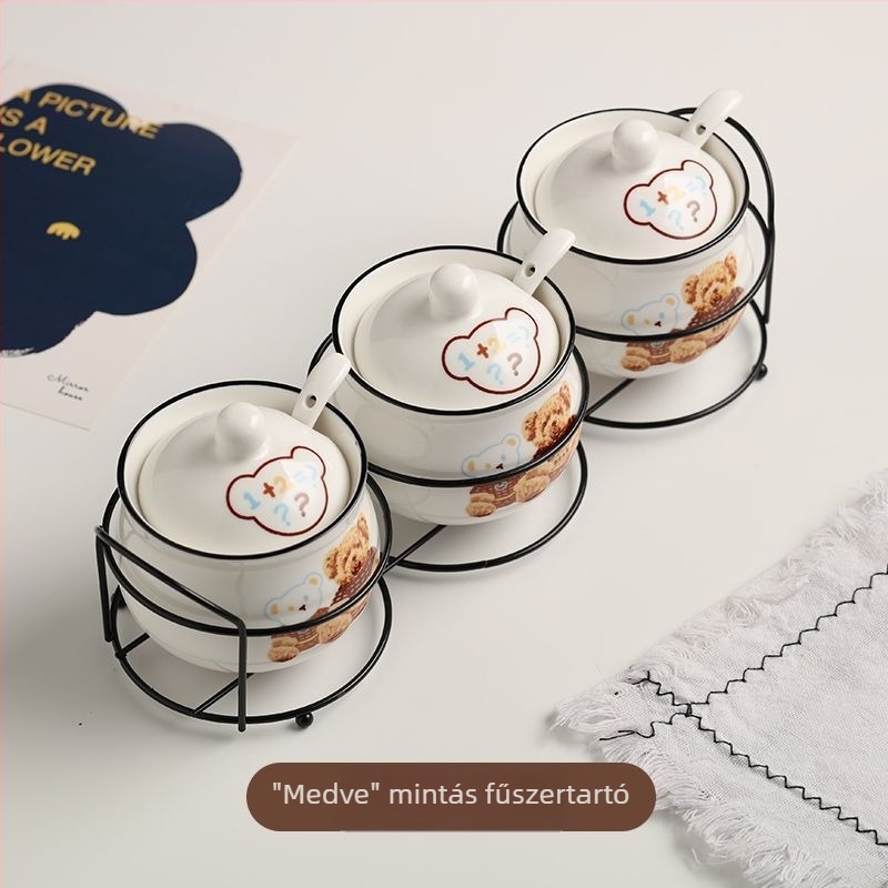 Kerámia fűszertartó készlet, három darabos, kanál tartóval