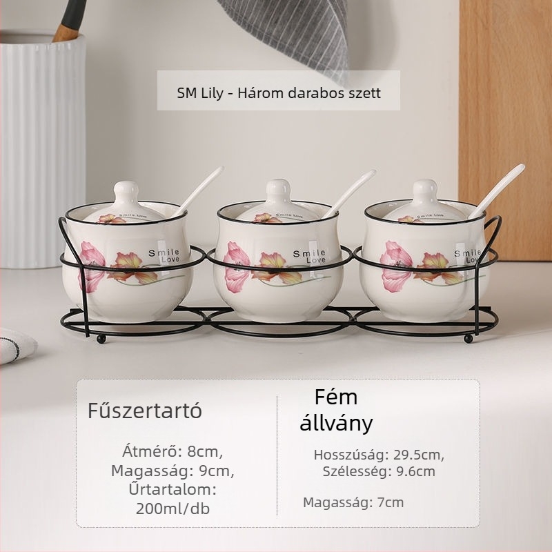 Kerámia fűszertartó készlet, három darabos, kanál tartóval