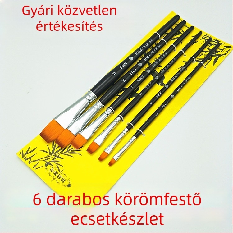 Hat darabos, nagy sík ecsetkészlet manikűrhöz, virágfestéshez és gouache-hoz