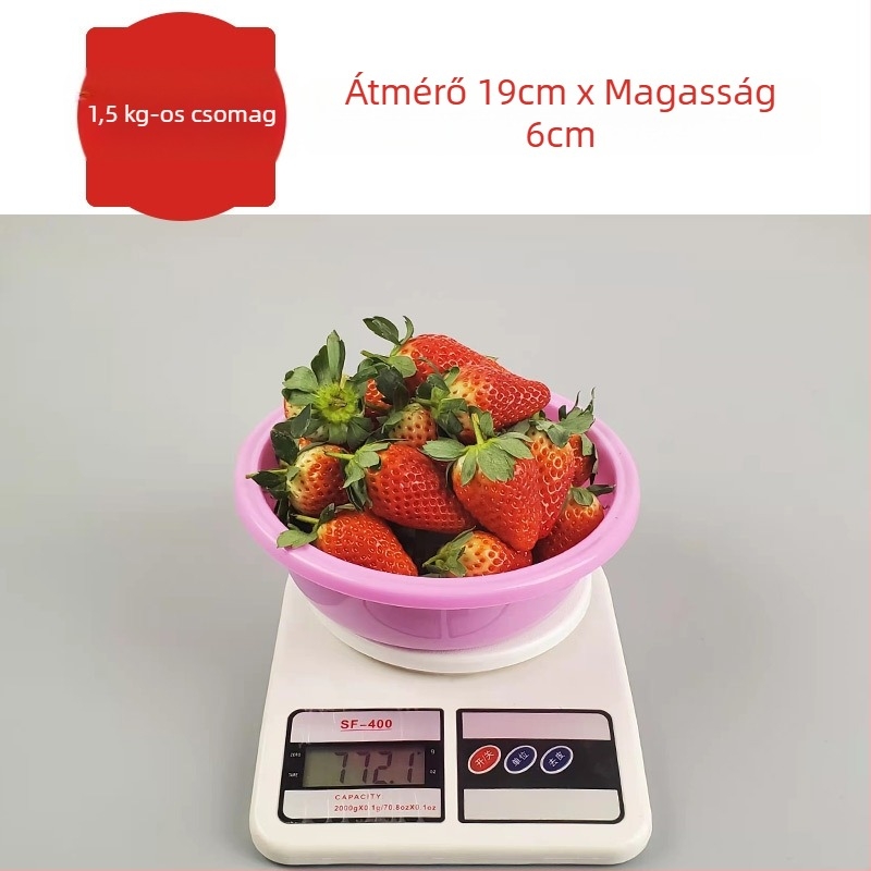 Műanyag edény eper szedéséhez, elérhető 1 kg, 1,5 kg, 2 kg és 2,5 kg méretekben