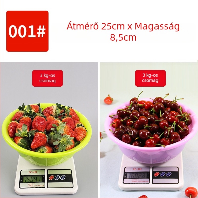 Műanyag edény eper szedéséhez, elérhető 1 kg, 1,5 kg, 2 kg és 2,5 kg méretekben