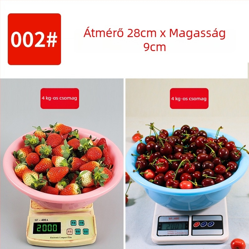 Műanyag edény eper szedéséhez, elérhető 1 kg, 1,5 kg, 2 kg és 2,5 kg méretekben