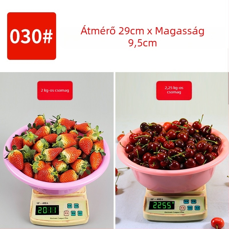 Műanyag edény eper szedéséhez, elérhető 1 kg, 1,5 kg, 2 kg és 2,5 kg méretekben
