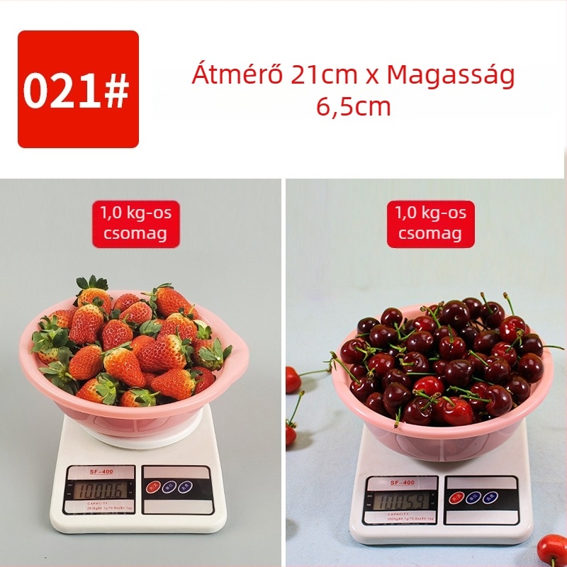 Műanyag edény eper szedéséhez, elérhető 1 kg, 1,5 kg, 2 kg és 2,5 kg méretekben