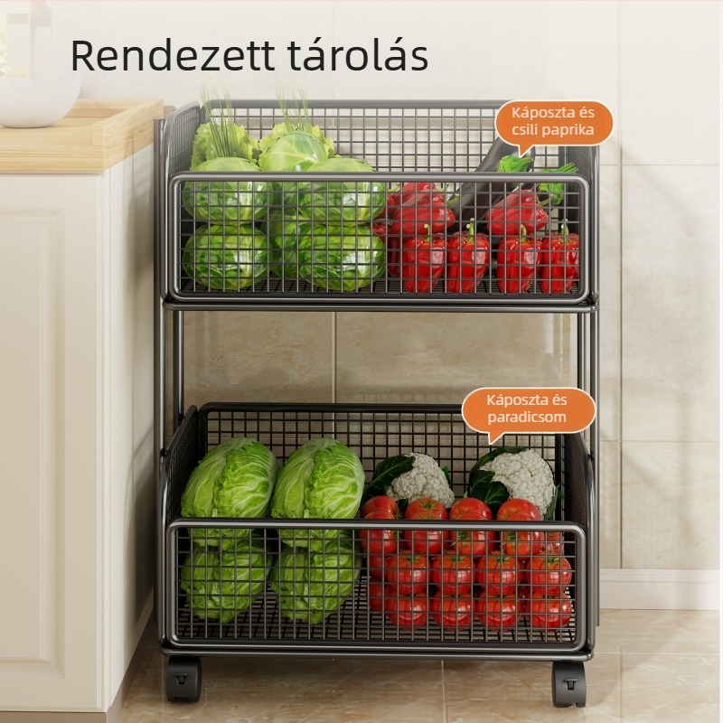 Fém anyagú, padlón álló, többrétű mozgatható konyhai tároló kocsi zöldségekhez, kosarakhoz és játékokhoz