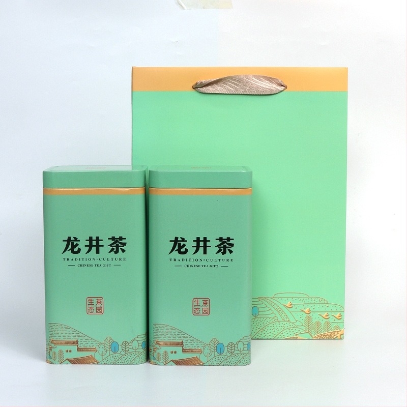 Dragon Well zöld tea fémdobozban, fél jin kapacitású, lezárt fém doboz