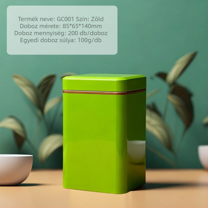 125 ml-es négyszögletes fémdoboz teához, offsetnyomtatás, színes (piros, fekete, arany, kék, zöld, ezüst)