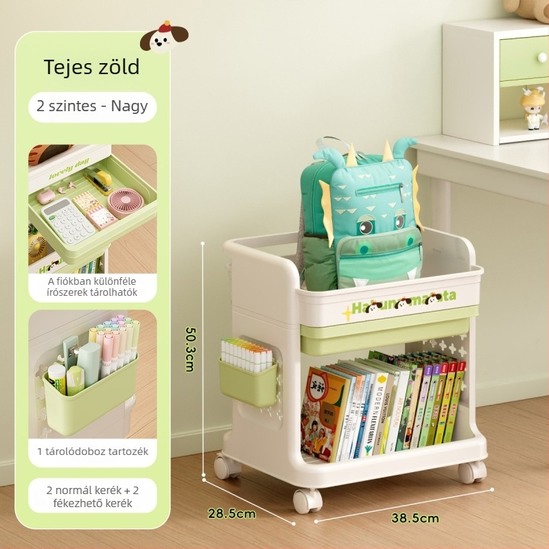 Kerekes, többrétegű iskolatáska tároló állvány, mobil, padlón álló rendező konyhához és hálószobához, uzsonnás polc