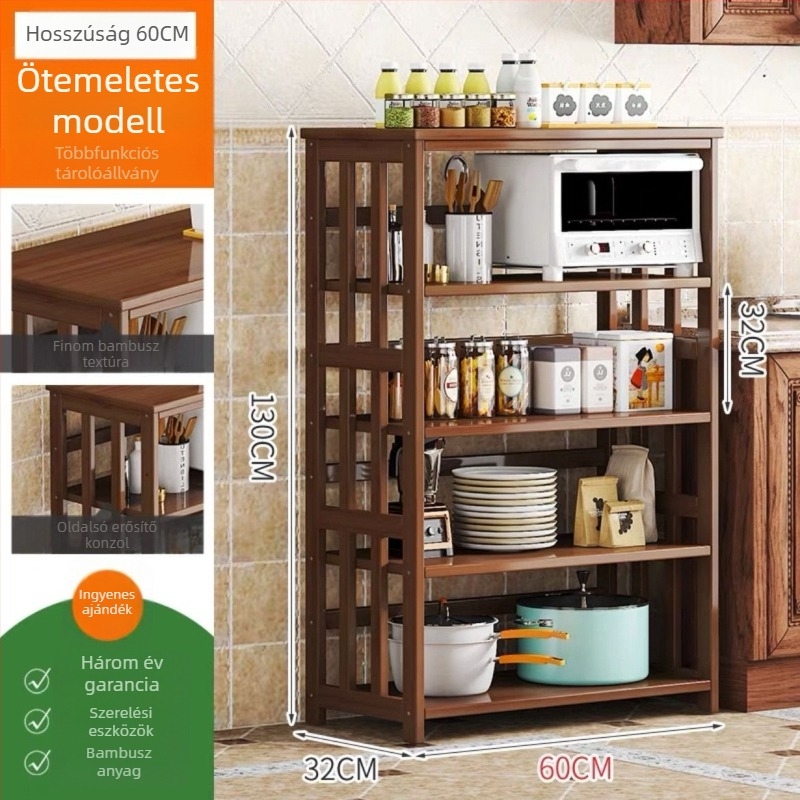 Bambusz konyhai tároló állvány mikrohullámú sütőhöz, padlón álló tömörfa edények rendezője, több rétegű szekrény