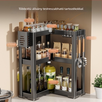 Többfunkciós konyhai fűszertartó állvány, több szintű acél asztali rendező kampókkal és lefolyó evőpálcika tartóval.