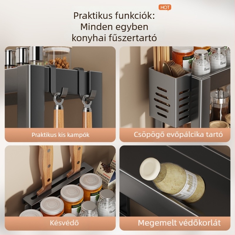Többfunkciós konyhai fűszertartó állvány, több szintű acél asztali rendező kampókkal és lefolyó evőpálcika tartóval.