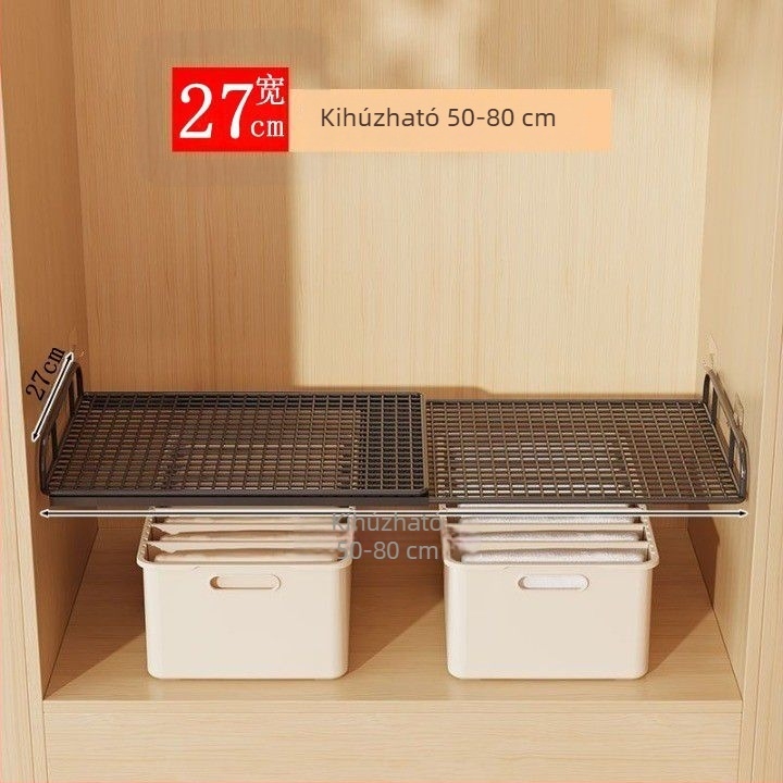 Falihoz rögzíthető, kihúzható ruhásszekrény tárolópolc osztóval és cipő rendszerezővel