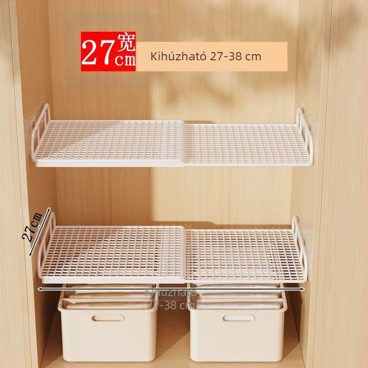 Falihoz rögzíthető, kihúzható ruhásszekrény tárolópolc osztóval és cipő rendszerezővel