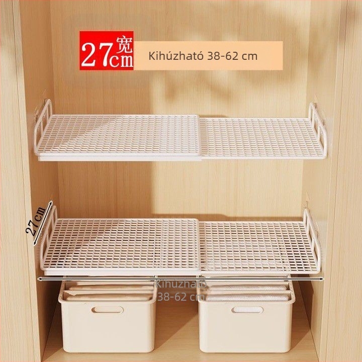 Falihoz rögzíthető, kihúzható ruhásszekrény tárolópolc osztóval és cipő rendszerezővel