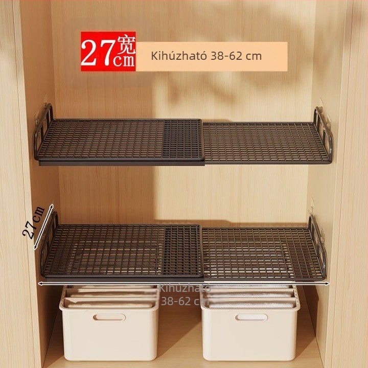 Falihoz rögzíthető, kihúzható ruhásszekrény tárolópolc osztóval és cipő rendszerezővel