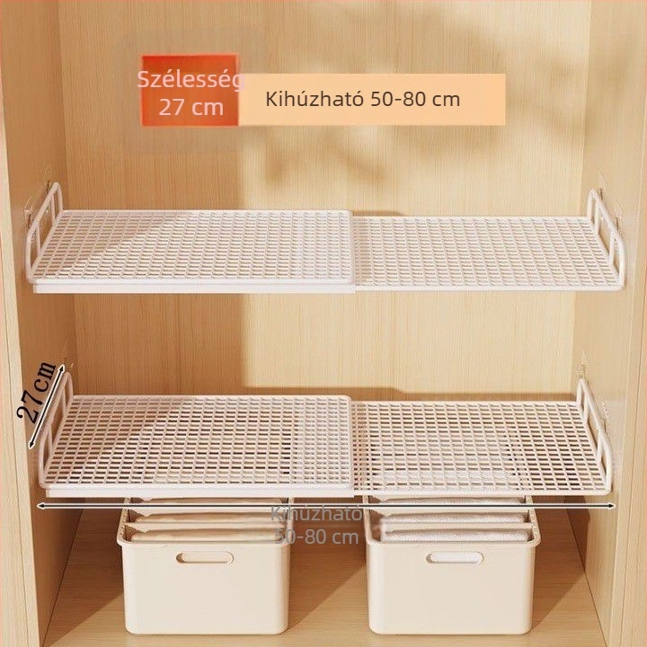 Falihoz rögzíthető, kihúzható ruhásszekrény tárolópolc osztóval és cipő rendszerezővel