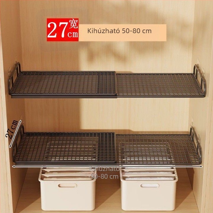 Falihoz rögzíthető, kihúzható ruhásszekrény tárolópolc osztóval és cipő rendszerezővel