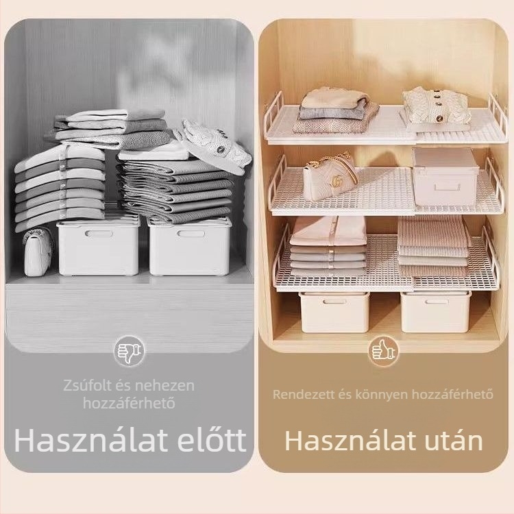 Falihoz rögzíthető, kihúzható ruhásszekrény tárolópolc osztóval és cipő rendszerezővel