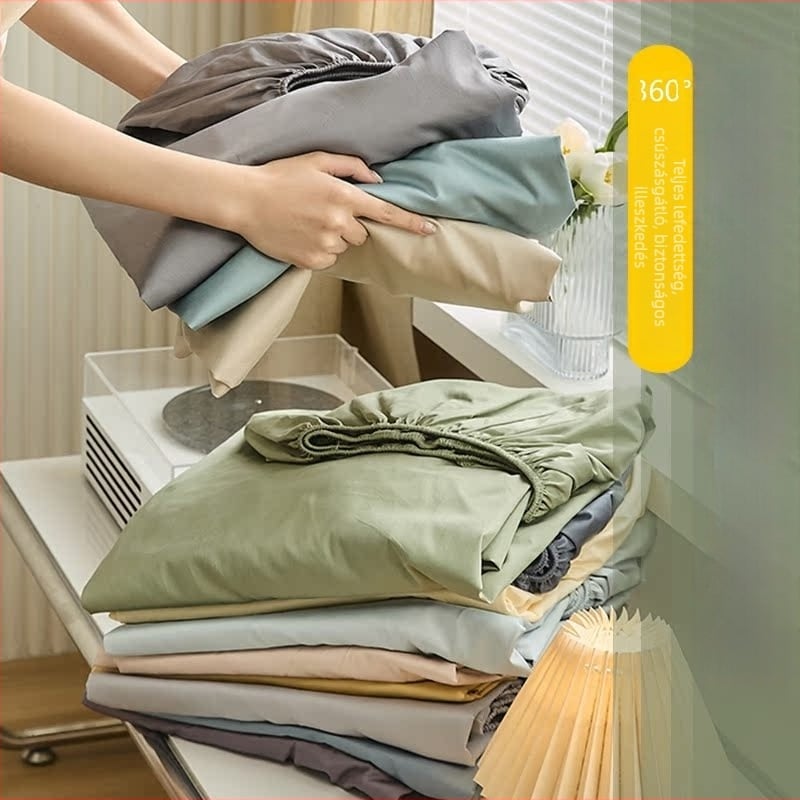 Mosott pamutból készült feszített lepedő ágytakaróval és matracvédővel – 100% pamut, egyszínű, modern minimalizmus