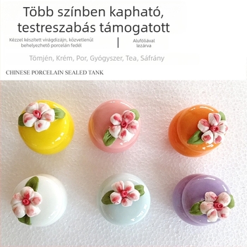 Kézzel formázott virágos kerámia kozmetikai tartó, mini antik stílusú rúzs-doboz, zárható porcelán üveg arcápoló krémhez és rúzsnak.