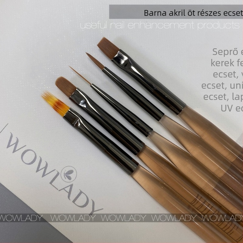 Barna akril manikűr ecsetkészlet (5 darab) – sík vég, kerek vég, fototerápiás ecset, vonalhúzó ecset, söpörő ecset, univerzális ecset