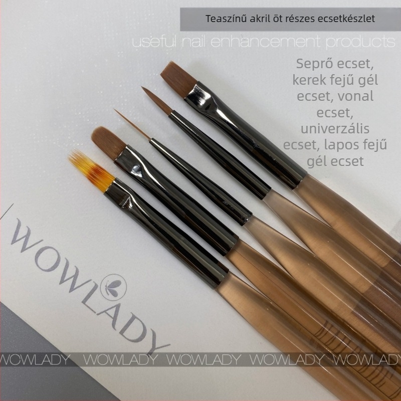 Barna akril manikűr ecsetkészlet (5 darab) – sík vég, kerek vég, fototerápiás ecset, vonalhúzó ecset, söpörő ecset, univerzális ecset