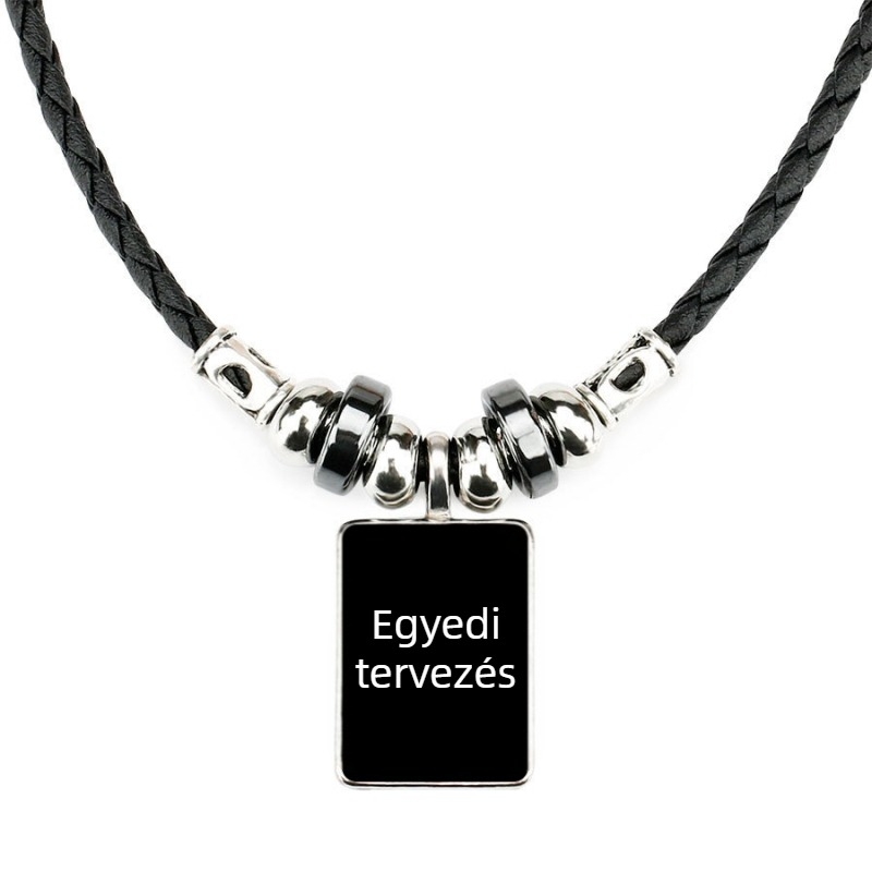 Obszidián férfi nyaklánc zodiákus csillagképekkel, gyöngyös medállal, kötéllánccal