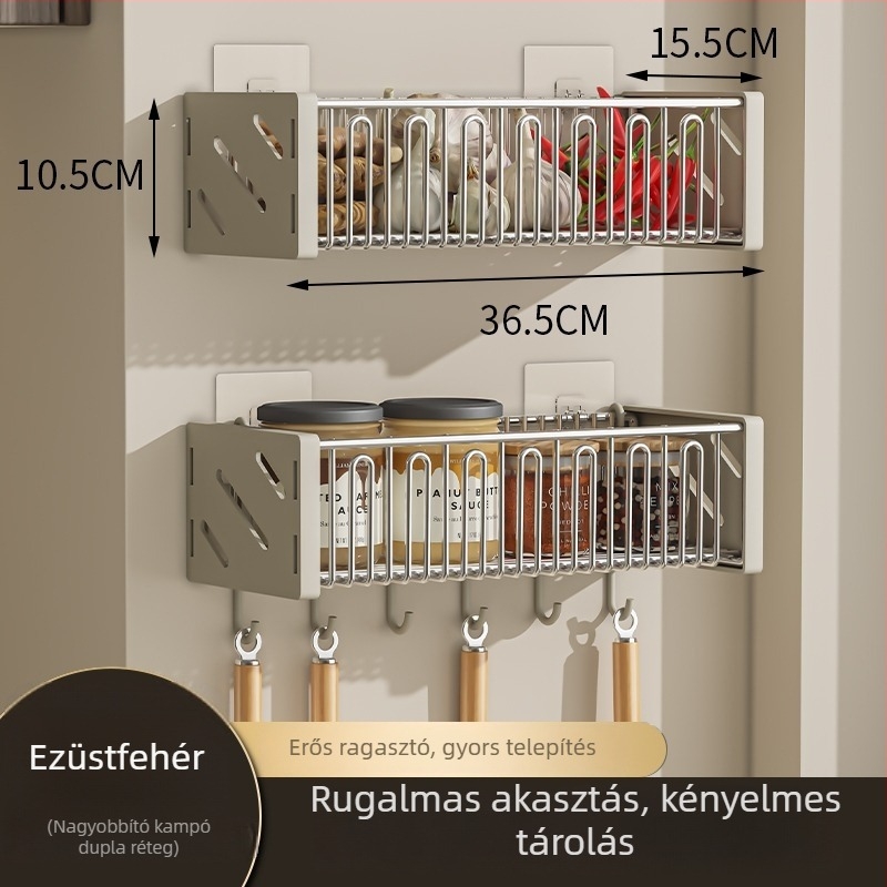 Fali konyhai polc hagyma, gyömbér és fokhagyma számára — sokoldalú, fém alapú tároló fűszerekhez és zöldségekhez, fúrás nélkül