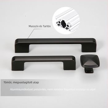 Fekete alumínium ötvözetű szekrényfogó, modern minimalist design, rögzítés egyetlen lyukkal