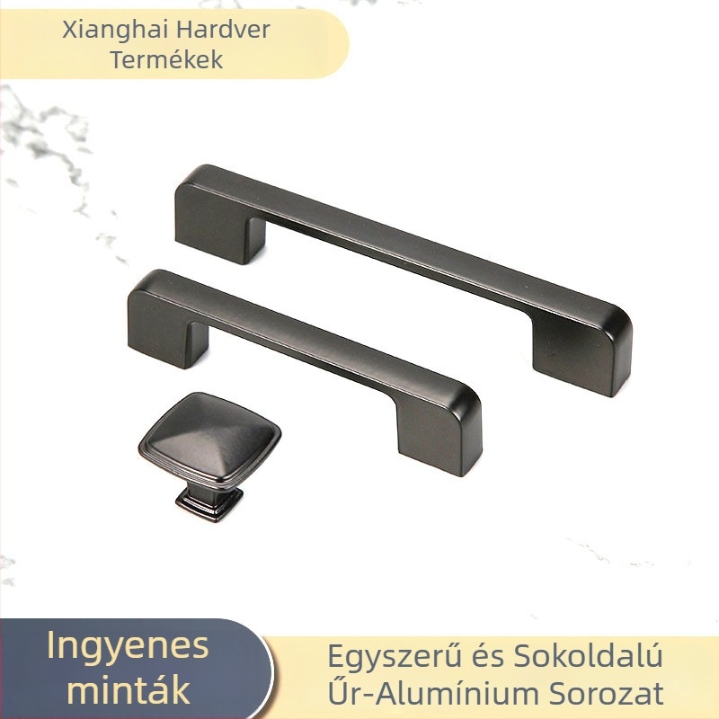 Fekete alumínium ötvözetű szekrényfogó, modern minimalist design, rögzítés egyetlen lyukkal