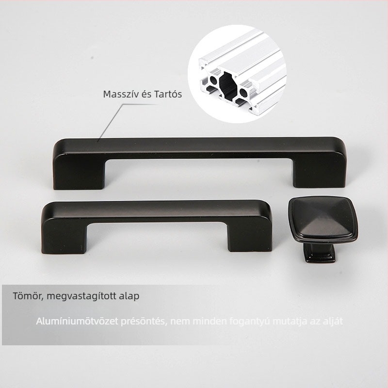 Fekete alumínium ötvözetű szekrényfogó, modern minimalist design, rögzítés egyetlen lyukkal