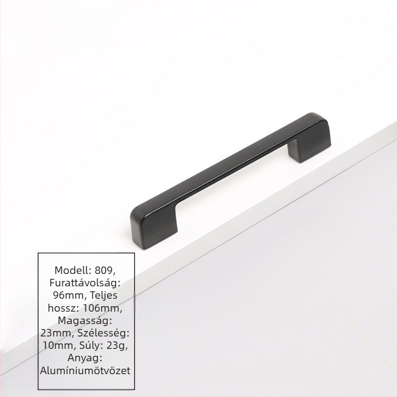 Fekete alumínium ötvözetű szekrényfogó, modern minimalist design, rögzítés egyetlen lyukkal