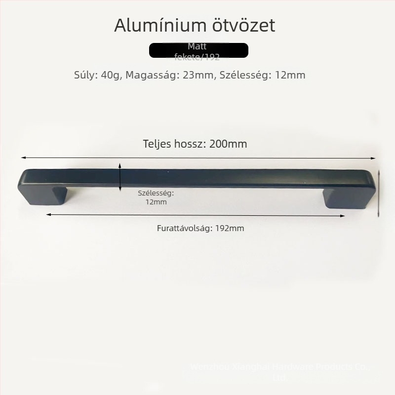Fekete alumínium ötvözetű szekrényfogó, modern minimalist design, rögzítés egyetlen lyukkal