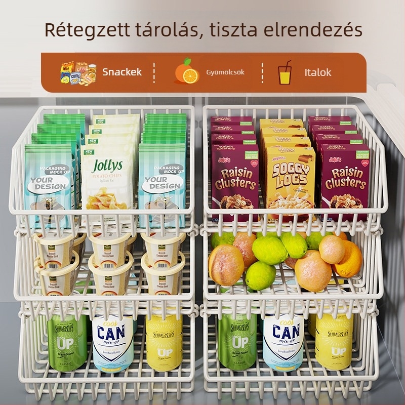 Konyhai fagyasztó tároló polc, multifunkcionális élelmiszertároló kosár, többszintesen egymásra rakható