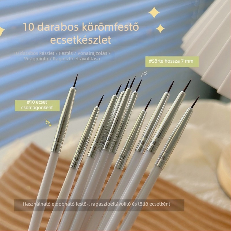 10 darabos körömdíszítő toll készlet hosszú fa nyéllel vonalvezetéshez, rajzoláshoz és töltéshez