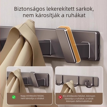 Erős ragasztós falra szerelhető akasztó, lyukmentes, konyha és fürdőszoba használatra, ruháknak, Space alumínium, 3+ horog, teherbírás 3–5 kg