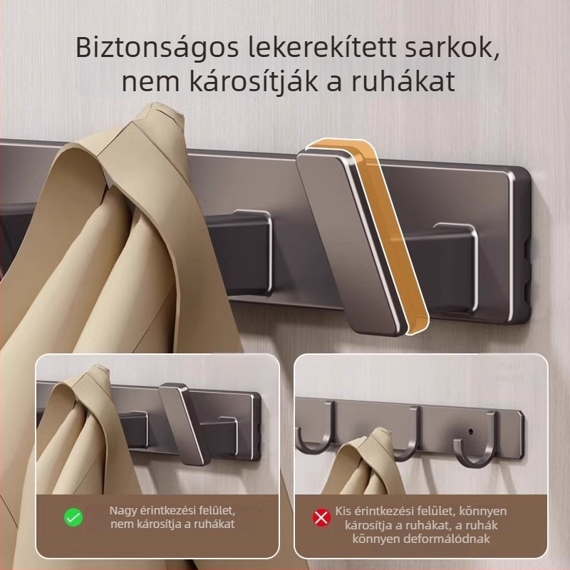 Erős ragasztós falra szerelhető akasztó, lyukmentes, konyha és fürdőszoba használatra, ruháknak, Space alumínium, 3+ horog, teherbírás 3–5 kg