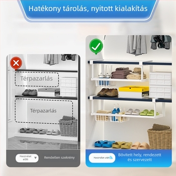 Többfunkciós teleszkópos gardróbtároló polcokkal, belső válaszfalakkal és alá akaszttható kosárral