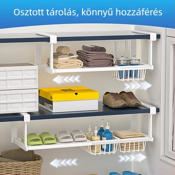 Többfunkciós teleszkópos gardróbtároló polcokkal, belső válaszfalakkal és alá akaszttható kosárral