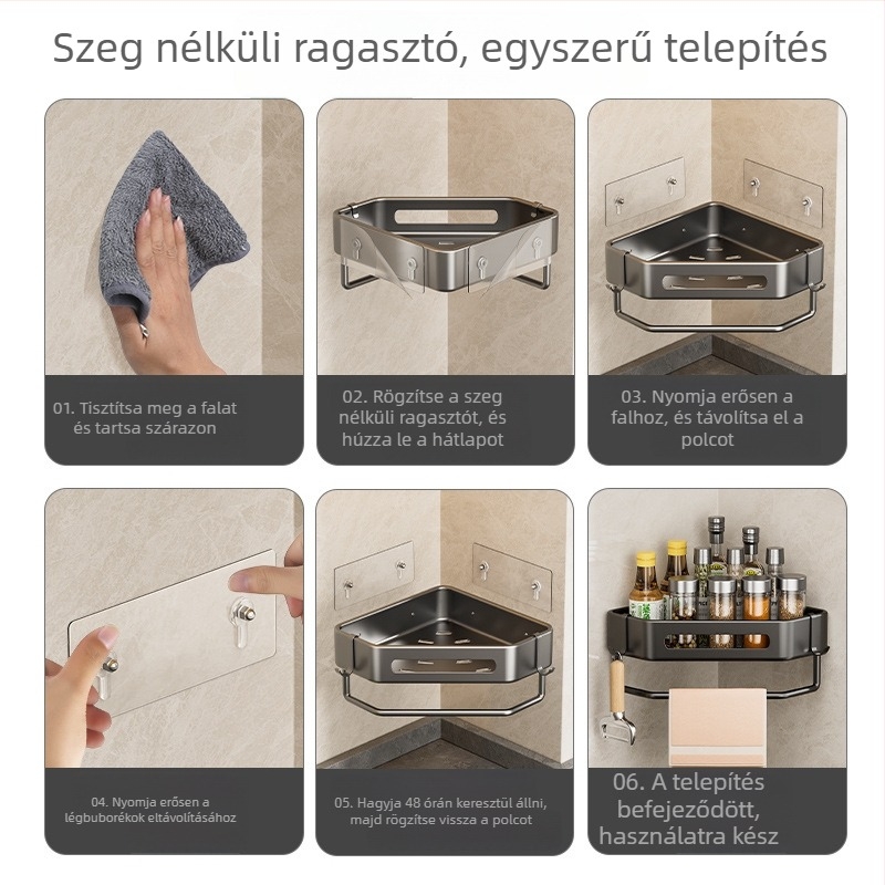 Fúrás nélküli sarok konyhai tároló – falra szerelhető háromszög alakú fűszerpolc